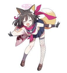  1girl :d ^_^ animal_ear_fluff animal_ears bent_over black_gloves black_socks blue_archive blue_sailor_collar blush brown_eyes brown_hair brown_shoes closed_eyes commentary_request eyeliner eyeshadow facing_viewer fang fishnet_thighhighs fishnets fox_ears fox_girl fox_hair_ornament fox_tail full_body gloves hair_intakes halo happy highres izuna_(blue_archive) kisaka loafers makeup medium_hair miniskirt neckerchief one_side_up outstretched_arms partially_fingerless_gloves pink_eyeshadow pink_halo pleated_skirt red_neckerchief red_scarf sailor_collar scarf school_uniform serafuku shirt shoes simple_background single_sock single_thighhigh skin_fang skirt smile socks solo spread_arms standing tail thigh-highs white_background white_shirt 