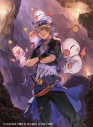  1boy arm_ribbon black_gloves black_jacket black_pantyhose blue_ribbon cave creature creature_on_head creature_on_shoulder crossed_arms dagger earrings final_fantasy final_fantasy_vi gem gloves grey_hair headscarf jacket jewelry kato_ayaka knife locke_cole looking_at_viewer magic:_the_gathering male_focus moogle necklace official_art on_shoulder pantyhose parted_bangs parted_lips print_shirt red_gemstone ribbon sash sheath sheathed shirt short_hair smile square_enix waist_sash weapon 