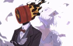  1girl 1other black_jacket bow bowtie chinese_commentary choker clock collared_shirt commentary_request dante_(limbus_company) dated_commentary dress envelope faust_(project_moon) fire flaming_head grey_sweater_vest highres ivy_(675671) jacket lapels limbus_company notched_lapels project_moon puffy_short_sleeves puffy_sleeves red_bow red_bowtie shirt short_hair short_sleeves sweater_vest upper_body white_choker white_dress white_hair white_shirt 