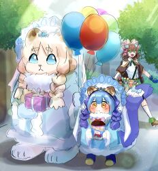  3girls animal_ears balloon blue_hair blush bow chronicler_of_fairy_tail_tales dress duel_monster fairy_tail_rochka gift hatano_kiyoshi highres laundry_dragonmaid multiple_girls short_twintails tagme tail twintails walking yu-gi-oh! 