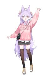 1girl absurdres ahoge arm_at_side arm_up bag black_skirt black_socks blue_eyes clothes_writing commentary_request cone_hair_bun double_bun elppi fox_girl fox_tail full_body hair_bun hair_ornament hair_rings heterochromia highres hood hood_down hoodie korean_commentary long_hair long_sleeves miniskirt open_mouth over-kneehighs pink_hoodie pleated_skirt pom_pom_(clothes) pom_pom_hair_ornament print_hoodie purple_hair shoes shoulder_bag simple_background skirt smile sneakers socks solo standing stellive straight_hair tail tenko_shibuki thigh-highs very_long_hair virtual_youtuber white_background yellow_eyes 