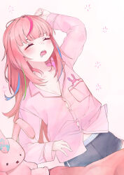  1girl arm_up blush breast_pocket button_gap closed_eyes commentary_request cowboy_shot drooling elppi grey_shorts hanako_nana highres korean_commentary long_hair long_sleeves open_mouth pajamas peto_(hanako_nana) pink_background pink_hair pink_pajamas pink_shirt pocket shirt short_shorts shorts simple_background sleeping solo stellive straight_hair stuffed_animal stuffed_rabbit stuffed_toy variant_set virtual_youtuber 