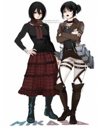  2girls 5nd_0mc bandaged_wrist bandages belt_buckle black_boots black_choker black_hair black_lips black_nails black_shirt boots brown_boots brown_jacket buckle character_name choker closed_mouth commentary_request cosplay costume_switch cross cross_earrings crossed_arms dual_persona earrings full_body goth_fashion hair_between_eyes hand_on_own_hip highres jacket jewelry lips long_skirt long_sleeves looking_at_viewer mikasa_ackerman multiple_girls nail_polish necklace open_clothes open_jacket pants paradis_military_uniform red_skirt ring scar scar_on_cheek scar_on_face scarf shingeki_no_kyojin shirt short_hair skirt standing survey_corps_(emblem) thigh_strap three-dimensional_maneuver_gear twintails white_background white_pants 