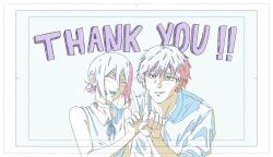  1boy 1girl blush choker collared_shirt commentary commentary_request couple denji_(chainsaw_man) dress_shirt facing_viewer grenade_pin hair_between_eyes hair_bun highres looking_at_viewer medium_hair neck_ribbon necktie open_mouth pointing pointing_up reze_(chainsaw_man) ribbon shirt short_hair simple_background sleeveless sleeveless_shirt sleeves_rolled_up smile teeth white_shirt 