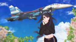  1girl afterburner aircraft airplane animal_ears black_hair black_hoodie blue_sky cat_ears cat_girl cherry_blossoms clouds flower hood hoodie kotash long_hair looking_at_viewer navel original own_hands_together pink_flower pink_petals red_eyes russia russian_air_force sky smile solo stomach su-27 