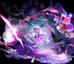  1girl ;3 absurdres arm_up asymmetrical_legwear balloon balloon_animal bat_(animal) bat_wings black_background black_hair bow camila_(vtuber) candy cat cimp_(camila_(vtuber)) circus_tent clouds clown colored_eyelashes confetti dark_background ferris_wheel food frilled_skirt frills full_body glint hat hat_ribbon heart_balloon highres in0ria indie_virtual_youtuber lollipop long_hair long_sleeves mismatched_eyelashes mismatched_legwear monster multicolored_hair one_eye_closed open_mouth party_hat pink_hair pom_pom_(clothes) purple_hat purple_shirt purple_shoes ribbon roller_coaster sharp_teeth shirt shoes skirt smile star_balloon streaked_hair striped_tail swirl_lollipop tail tail_bow tail_ornament teeth twitter_username two_side_up upper_teeth_only virtual_youtuber white_hair wings wrapped_candy 