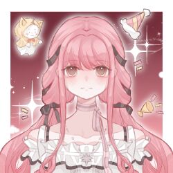  1girl ahoge animal bare_shoulders bead_necklace beads birthday black_bow black_ribbon blush_stickers border bow bow_choker bowtie bra_strap brown_eyes buttons cat center_frills choker cloak closed_mouth clothed_animal clothing_cutout collarbone dot_nose ear_covers floating_hat frilled_shirt frills fur-trimmed_headwear fur_trim hair_bow hair_ribbon happy hat hexagram highres hood hood_up hooded_cloak infinity_nikki jewelry jinhuan41657 light_blush light_particles light_smile long_hair long_sidelocks low_twintails mini_party_hat momo_(nikki) necklace nikki_(nikki) nikki_(series) notice_lines outline outside_border party_popper perfect_start_(infinity_nikki) pink_background pink_bow pink_bowtie pink_choker pink_hair pink_hat pom_pom_(clothes) red_bow red_bowtie ribbon shirt shoulder_cutout sidelocks single_stripe snowflakes sparkle star_(symbol) star_necklace straight-on striped_bow striped_bowtie striped_choker striped_clothes traditional_bowtie tress_ribbon twintails two-tone_headwear upper_body very_long_hair wavy_hair white_border white_cat white_outline white_shirt yellow_cloak yellow_hat 