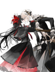  2girls absurdres belt black_belt black_capelet black_gloves black_hair black_jacket black_pants black_shirt black_skirt blonde_hair capelet chao_jiu_wan_shiyi_dian_ban chinese_commentary commentary_request epaulettes face-to-face feet_out_of_frame flower gloves hair_flower hair_ornament hand_on_another's_face hand_on_hilt hand_on_own_leg hasumi_leia highres jacket leaning_forward long_hair long_sleeves looking_at_another mahou_shoujo_no_majo_saiban multiple_girls nikaido_hiro pants parted_lips pleated_skirt profile red_eyes red_flower sash shirt short_hair shoulder_sash simple_background skirt smile standing sword weapon white_background yellow_eyes 