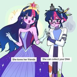  2girls :d bare_shoulders black-framed_eyewear black_hair blue_sweater blush breasts center-flap_bangs closed_mouth coat colored_skin cowboy_shot crossed_arms double-parted_bangs dress dual_persona earrings element_of_magic elements_of_harmony english_text eyebrows_hidden_by_hair glasses gloves goggles goggles_on_head gold_tiara green_background hair_between_eyes hair_bun hands_up hashtag-only_commentary highres index_finger_raised jewelry lab_coat lapels long_dress long_hair long_skirt long_sleeves meme multiple_girls my_little_pony my_little_pony:_equestria_girls my_little_pony:_friendship_is_magic official_alternate_costume official_alternate_hair_length official_alternate_hairstyle open_clothes open_coat open_mouth pantyhose pencil pink_hair pink_skin pleated_skirt purple_dress purple_gloves purple_hair purple_pantyhose purple_skirt rectangular_eyewear ridumax sci-twi semi-rimless_eyewear short_hair sidelocks simple_background single_hair_bun skirt small_breasts smile sparkle standing straight_hair strapless strapless_dress sweater teardrop_earrings tiara tsurime turtleneck turtleneck_sweater twilight_sparkle twilight_sparkle_(human) twitter_username very_long_hair violet_eyes white_coat white_gloves 