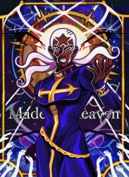  1boy arizuume belt blue_robe bracelet buzz_cut cassock cross cross-shaped_pupils cross_print dark-skinned_male dark_skin english_commentary enrico_pucci gold_belt gold_bracelet highres jewelry jojo_no_kimyou_na_bouken long_hair looking_at_viewer male_focus priest robe short_hair smile solo stole stone_ocean symbol-shaped_pupils very_short_hair white_hair white_lips white_nails 