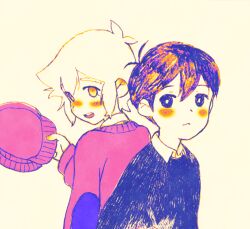  2boys alternate_costume antenna_hair basil_(birthday)_(omori) basil_(faraway)_(omori) basil_(omori) black_eyes black_hair black_sweater blush bright_pupils brown_background cardigan collared_shirt double-parted_bangs hair_between_eyes hat holding holding_unworn_clothes holding_unworn_hat karume_ya_ki limited_palette long_sleeves multiple_boys newsboy_cap official_alternate_costume omori open_mouth shirt shirt_under_sweater short_hair sidelocks simple_background smile sunny_(omori) sweater teeth unworn_hat unworn_headwear upper_teeth_only white_pupils 