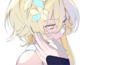  1girl armor blonde_hair blue_flower eyelashes flower genshin_impact hair_flower hair_ornament hand_on_another's_face highres japanese_armor kote kurokote lipstick looking_to_the_side lumine_(genshin_impact) makeup multicolored_flower parted_lips portrait red_lips scaramouche_(genshin_impact) scarf short_hair short_hair_with_long_locks sia37068010 sidelocks single_bare_shoulder sketch smeared_lipstick tsurime white_background white_mouth white_scarf yellow_eyes yellow_flower 