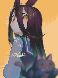  1girl a4_(a4_eishi) absurdres animal_ears black_hair blush closed_mouth hair_between_eyes highres horse_ears horse_girl long_bangs long_hair looking_at_viewer manhattan_cafe_(umamusume) purple_sailor_collar purple_shirt sailor_collar school_uniform shirt solo stuffed_animal stuffed_toy tracen_school_uniform umamusume yellow_eyes 