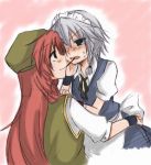  blue_eyes blush eye_contact hong_meiling izayoi_sakuya looking_at_another multiple_girls pocky pocky_kiss red_hair redhead shared_food silver_hair sy0610 the_embodiment_of_scarlet_devil touhou yuri yuuta_(monochrome) 
