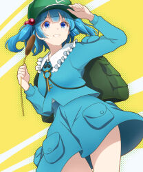 1girl :d backpack bag blue_eyes blue_hair blue_jacket blue_skirt cattail cowboy_shot diagonal-striped_background duplicate from_below green_hat hair_bobbles hair_ornament hand_on_headwear hat highres holding holding_plant jacket jewelry kawashiro_nitori key key_necklace kisaragi_koushi legs long_sleeves looking_ahead necklace pixel-perfect_duplicate plant pocket shirt skirt smile solo striped_background touhou twintails two_side_up white_shirt wind wind_lift yellow_background