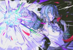  1girl black_choker black_ribbon blush chainsaw_man character_name choker copyright_name explosion flower hair_between_eyes highres holding holding_flower neck_ribbon open_mouth purple_hair red_flower reze_(chainsaw_man) ribbon shirt short_hair sinsaimdan32359 solo twitter_username white_shirt 