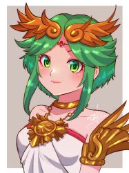  1girl alternate_hair_length alternate_hairstyle bare_shoulders blush border breasts circlet closed_mouth collarbone commentary english_commentary eyelashes green_eyes green_hair highres jewelry kid_icarus kid_icarus_uprising lips necklace nonoworks palutena portrait purple_background short_hair sidelocks signature simple_background smile solo white_border 