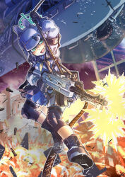  1girl aircraft akaimame battle blue_archive blue_eyes blue_serafuku boots breasts bucket_hat combat_helmet firing from_below green_halo gun halo hanging hat helicopter helmet highres knee_pads lahti-saloranta_m/26 light_machine_gun long_sleeves machine_gun neckerchief rope saki_(blue_archive) school_uniform serafuku shell_casing short_hair solo stahlhelm tactical_school_uniform weapon white_helmet yellow_neckerchief 