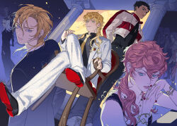  1girl blonde_hair bruno_bucciarati crossed_legs diavolo formal_clothes giorno_giovanna guido_mista highres jacket jewelry jojo_no_kimyou_na_bouken leone_abbacchio long_hair mafia moonnacorn multiple_boys narancia_ghirga necktie open_clothes open_jacket pannacotta_fugo pink_hair sitting suit trish_una vento_aureo victory_rolls 