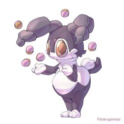  1girl absurdres brown_eyes brown_sclera colored_sclera dadragontype2 floating floating_object full_body furry furry_female grey_horns highres horns indeedee indeedee_(female) pokemon pokemon_(creature) pokemon_focus simple_background solo tail two-tone_fur white_background white_fur 