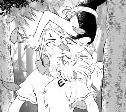  1boy 1girl artist_name blurry blurry_background breasts bush censored choker closed_eyes collarbone collared_shirt dr._stone e=mc2_(equation) facial_mark falling_leaves forest greyscale hands_on_another's_head hanging_from_tree hetero ishigami_senkuu kiss kohaku_(dr._stone) leaf leaf_censor medium_breasts monochrome nature ninomae_gin novelty_censor outdoors ponytail rope_belt shirt short_sleeves sideboob signature spiky_hair surprise_kiss surprised sweatdrop tree upside-down wide-eyed 