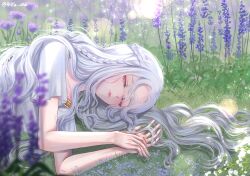  1girl anya_orz artist_name blurry blurry_foreground braid closed_eyes commentary elden_ring elden_ring:_shadow_of_the_erdtree english_commentary eyelashes flower grass highres long_hair purple_flower sleeping solo st._trina_(elden_ring) twitter_username wavy_hair white_hair 