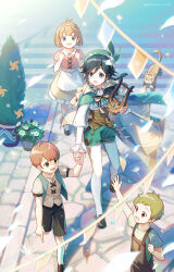  1girl 3boys apron aqua_vest beret black_hair black_shorts blonde_hair braid brown_eyes brown_hair brown_overalls brown_shirt brown_shoes brown_skirt bunting cape cat child cobblestone collared_cape commentary_request flower from_above full_body genshin_impact gradient_hair green_cape green_hat green_shorts grey_eyes hat highres holding holding_hands holding_instrument holding_lyre instrument long_sleeves looking_at_another lyre mondstadt_city multicolored_hair multiple_boys open_mouth outdoors overalls pantyhose pantyhose_under_shorts pink_shirt plant platina_1117 potted_plant shirt shoes short_hair_with_long_locks shorts skirt twin_braids twitter_username venti_(genshin_impact) vest vision_(genshin_impact) waist_apron walking white_flower white_pantyhose white_shirt 