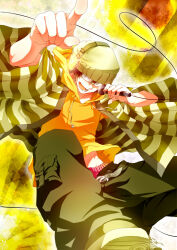  arms_up beanie belt black_pants glasses hat headphones holding holding_microphone hood hoodie indie_utaite jacket looking_at_viewer makura_(legendia16) microphone music open_mouth pants perspective pointing pointing_at_viewer shirt singing smile striped_clothes striped_shirt utaite yellow_background yellow_hoodie yoppei_(utaite) 