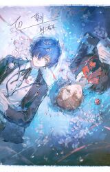  1boy 1girl black_jacket black_ribbon blue_hair bow bowtie brown_hair commentary_request digital_walkman dress_shirt earphones_removed from_above gekkoukan_high_school_uniform grey_eyes hair_between_eyes hair_ornament hairclip hashtag-only_commentary highres jacket letterboxed long_sleeves looking_at_viewer looking_up lying lying_on_water mp3_player on_back open_clothes open_jacket own_hands_clasped own_hands_together parted_lips persona persona_3 persona_3_portable petals red_bow red_bowtie red_eyes ribbon school_uniform shiomi_kotone shirt short_hair upper_body walkman_nw-s203f white_petals white_shirt you'er yuuki_makoto_(persona_3) 