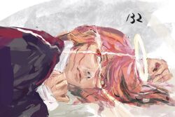  1boy angel_devil_(chainsaw_man) angel_wings chainsaw_man collared_shirt commentary english_commentary halo highres jacket lips long_hair long_sleeves male_focus miniminstil nose red_eyes shirt solo suit_jacket white_shirt wings 