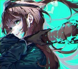  1girl airi_(blue_archive) airi_(halloween)_(blue_archive) baseball_bat black_gloves blue_archive brown_hair from_side gloves green_background green_eyes green_halo halloween_costume halo hanozuku highres holding looking_at_viewer mask mask_on_head official_alternate_costume paint_splatter portrait solo teeth 