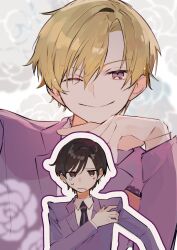  1boy 1girl :/ androgynous bishounen black_hair blazer blonde_hair brown_eyes collared_shirt commentary_request doujinshi_cover_trope_(trend) floral_background fujioka_haruhi highres jacket jitome lapels necktie one_eye_closed ouran_high_school_host_club ouran_high_school_uniform outline parted_bangs pixie_cut purple_jacket purple_necktie reverse_trap school_uniform shirt short_hair small_sweatdrop smile suou_tamaki u-sama_(u_summer0719) upper_body violet_eyes white_outline white_shirt 