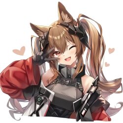  09cch29 1girl angelina_(arknights) animal_ear_fluff animal_ears arknights arknights:_endfield bare_shoulders black_gloves breasts coat commentary_request cropped_torso dress fox_ears fox_girl gilberta_(arknights) gloves grey_dress hair_between_eyes headpiece heart high_collar one_eye_closed open_clothes open_coat open_mouth red_coat simple_background smile solo teeth twintails upper_teeth_only v white_background 