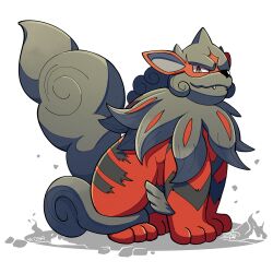  fangs grey_fur hisuian_arcanine looking_at_viewer mistray-art no_humans numbered pokemon pokemon_(creature) red_fur signature simple_background solo tail two-tone_fur white_background 