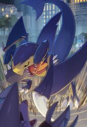  black_sclera claws colored_sclera dragon excadrill fangs fighting fins garchomp glaceon highres lumiose_city night no_humans open_mouth outdoors pokemon pokemon_(creature) pokemon_focus pokemon_legends:_z-a sharp_teeth spikes tail tatsumi_(panneko) teeth tree yellow_sclera 