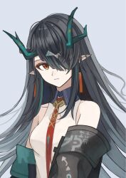  1girl arknights bare_shoulders black_hair black_jacket closed_mouth collared_shirt commentary contrast_collar dusk_(arknights) earrings grey_background hair_over_one_eye highres jacket jewelry long_hair looking_at_viewer multicolored_hair necktie off_shoulder one_eye_covered orange_eyes orange_necktie pointy_ears shirt simple_background sleeveless sleeveless_shirt solo streaked_hair torn_clothes torn_necktie udo_(akn_otk) upper_body white_shirt 