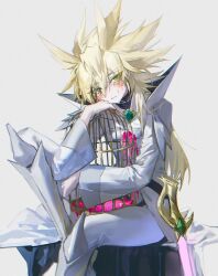  1boy absurdres alien_888 antenna_hair armor birdcage blonde_hair boots cage coat elbow_rest eyes_visible_through_hair facial_mark facing_to_the_side gem green_eyes green_gemstone hair_between_eyes hair_slicked_back hand_rest highres holding holding_cage italian_commentary knee_boots knee_up kuaidul_velgear leaning_forward long_hair looking_to_the_side male_focus on_table paint paint_splatter pants popped_collar scabbard sheath sheathed shoulder_armor sitting spiky_hair stained_clothes sword table tablecloth teardrop weapon white_background white_boots white_coat white_pants yu-gi-oh! yu-gi-oh!_go_rush!! 