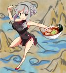  alternate_hairstyle ass bare_shoulders bouncing_breasts breasts china_dress chinese_clothes chopsticks double_bun egg food grey_hair hairband idolmaster large_breasts long_hair noodles ramen red_shoes shijou_takane shoes silver_hair solo takeya_yuuki 