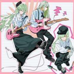  1girl absurdres bang_dream! bang_dream!_it's_mygo!!!!! beret black_pants black_shoes black_skirt border chinese_commentary closed_mouth collared_shirt commentary_request full_body gloves green_hair guitar haitaer hat highres holding holding_guitar holding_instrument instrument long_hair long_sleeves multiple_views music pants pink_border plant playing_guitar playing_instrument potted_plant profile shirt shoes shovel sidelocks skirt squatting standing standing_on_one_leg suspenders wakaba_mutsumi white_shirt yellow_eyes 