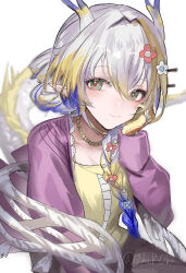  1girl absurdres arknights blonde_hair blue_hair braid camisole choker coat colored_extremities dragon_girl dragon_horns dragon_tail flower green_eyes grey_hair hair_flower hair_ornament hand_on_own_cheek hand_on_own_face highres horns horobu looking_at_viewer multicolored_hair official_alternate_costume pointy_ears purple_coat shawl shu_(arknights) shu_(spring_feast)_(arknights) smile solo streaked_hair tail twitter_username white_shawl yellow_camisole yellow_choker yellow_hands 