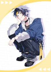  1boy absurdres alternate_costume arm_on_knee asaba_harumasa black_hair black_shoes blue_jacket blue_pants blush checkered_background collar collarbone earrings full_body head_rest headband highres inainai_17 jacket jewelry looking_at_viewer male_focus necklace off_shoulder pants parted_bangs parted_lips shirt shoes short_hair smile solo spiked_collar spikes squatting torn_clothes torn_pants two-tone_background watermark white_background white_shirt yellow_background yellow_eyes yellow_headband zenless_zone_zero 
