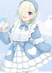  1girl :d absurdres blonde_hair blue_bow blue_bowtie blue_dress bow bowtie commentary_request cowboy_shot dress frilled_dress frilled_hairband frills grey_eyes hair_over_one_eye hairband hand_up highres kurono_(pixiv1905129) lolita_fashion lolita_hairband long_sleeves looking_at_viewer love_live! love_live!_nijigasaki_high_school_idol_club love_live!_nijigasaki_high_school_idol_club_the_movie_-_finale medium_hair mia_taylor official_alternate_costume one_eye_covered open_mouth pantyhose short_dress smile solo white_pantyhose 