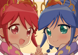  2girls :d absurdres aqua_eyes blue_dress blue_hair border closed_mouth commentary dress drill_hair earrings fine_(futagohime) fine_(prominence_dress_up)_(futagohime) frilled_sleeves frills fushigiboshi_no_futago_hime gold_tiara gown hair_between_eyes high_collar highres holding_hands interlocked_fingers jewelry long_hair looking_at_viewer magical_girl multiple_girls open_mouth outside_border pink_dress portrait print_dress red_eyes red_hair rein_(futagohime) rein_(prominence_dress_up)_(futagohime) ringlets ruru1525 siblings sisters sleeves_past_wrists smile split_mouth star_(symbol) star_earrings supportasse swept_bangs tiara twin_drills twins white_border yellow_background 