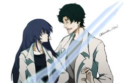 1boy 1girl aged_up aoi_sena beard_stubble black_hair black_shirt chaos;head d-sword facial_hair grey_shirt hand_up in-franchise_crossover lab_coat lapels lollipop_in_mouth long_hair looking_at_another lower_teeth_only nervous_sweating non-web_source notched_lapels okabe_rintarou open_mouth purple_hair science_adventure secretter shirt simple_background steins;gate stubble sweat teeth threat tongue 