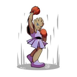 boxing_gloves dress gloves hitmonchan looking_at_viewer mistray-art numbered pokemon pokemon_(creature) purple_dress purple_shoes red_gloves shoes signature simple_background solo white_background 