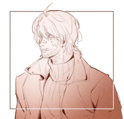  1boy ahoge bandage_on_face bandages blind coat facial_hair greyscale hashtag-only_commentary highres looking_to_the_side male_focus marvel matt_murdock monochrome scar_on_lip short_hair sketch solo specter515021 stubble sweater upper_body white_background 