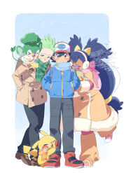  1girl 2boys alternate_costume ash_ketchum axew backpack bag black_hair black_pants blue_jacket blue_scarf brown_bag brown_hair brown_jacket brown_shoes cilan_(pokemon) closed_eyes closed_mouth coat dark-skinned_female dark_skin earmuffs full_body green_eyes green_hair green_scarf hair_between_eyes hands_in_pockets hat highres holding holding_pokemon iris_(pokemon) jacket long_hair looking_at_viewer low-tied_long_hair multiple_boys on_shoulder open_mouth orange_scarf pansage pants pikachu pink_bag pink_scarf pink_shoes pokemon pokemon_(anime) pokemon_(creature) pokemon_bw_(anime) pokemon_on_shoulder purple_hair red_shoes scarf serizawa_serizane shoes short_hair standing standing_on_one_leg very_long_hair winter_clothes winter_coat 