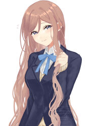  1girl absurdres alternate_hair_length alternate_hairstyle black_jacket blue_eyes blue_ribbon blush breasts commentary_request flying_sweatdrops gakuen_idolmaster hatsuboshi_gakuen_school_uniform highres himesaki_rinami idolmaster jacket light_smile long_hair long_sleeves looking_at_viewer neck_ribbon ribbon sample_watermark school_uniform shirt simple_background siroko_m solo straight_hair sweater very_long_hair watermark white_background white_shirt yellow_sweater 