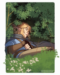  1boy artist_name black_cape blonde_hair blue_tunic blurry blurry_foreground border branch cape closed_eyes day foliage kukumomo link lying nature outdoors pointy_ears sleeping solo the_legend_of_zelda the_legend_of_zelda:_tears_of_the_kingdom tunic white_border 