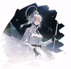  1girl belt belt_buckle black_belt black_gloves breasts buckle dress feathered_wings garrison_cap gloves grey_hair hat highres holding liv_(pgr) long_hair long_sleeves looking_at_viewer lxc medium_breasts punishing:_gray_raven solo space white_dress white_hat white_wings wings 